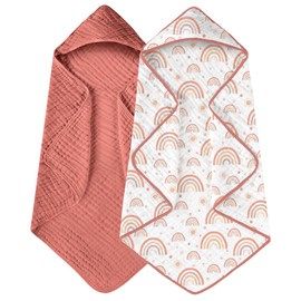 Yoofoss Hooded Baby Towels for Newborn 2 Pack 100% Muslin Organic Cotton Baby Bath Towel with Hood for Babies, Infant, Toddler and Kids, Large 32x32Inch, Soft and Absorbent Newborn Essential