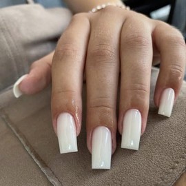 24pcs Long Coffin False Nails - White Acrylic Nails French Tip - 24pcs Solid Color Fake Nail with Glue - Ballerina Glossy Full Cover Stick on Nails for Women Girls