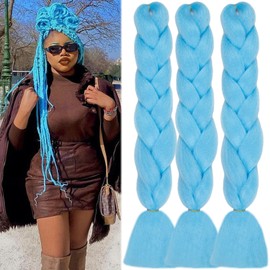 Light Blue Braiding Hair Kanekalon Jumbo Braiding Hair Glow in the Dark Hair Extensions 24inch 3Pcs Glowing Braiding Hair