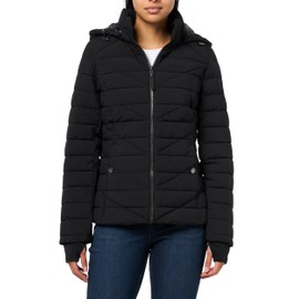 Nautica Women's Mechanical Stretch Puffer Jacket–Detachable Faux Fur Hood & Storm Cuffs, Black, Small