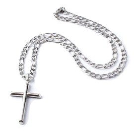 LIFETIME BLING 14K Figaro White Gold Cross Flat Chain Necklace Gift For Men, Women, Husband, Wife Diamond-cut Religious Curb cross. 5MM Cuban link Necklace (22)
