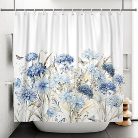 Sillsloso Teal Blue Hydrangea Shower Curtain Watercolor Flower Butterfly Plants Shower Curtain Elegant Botanical Aesthetic Waterproof Fabric Bathroom Curtain Set with Hooks 72x72 inch