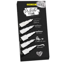 Online Set of 5 Hand Lettering Pens, White, Strong Opaque Hand Lettering Starter Set with Brush Pen, Fineliner, Calligraphy Pen & Markers, White Acrylic Marker Pens for Bullet Journal, DIY Projects