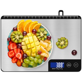 15 kg Digital Kitchen Scales Large Weighing Surface, Diyife Professional Digital Electronic Scale, Household Scales Made of Stainless Steel, LCD Display, Hangable, 6 Units, Tare Function, with