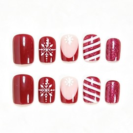 24 Pcs Christmas Press on Nails Short Square French Fake Nails with White and Red Stripes Designs Winter Snowflake False Nails Full Cover Red Glitter Stick on Nail Sparkly Acrylic Nails for Women