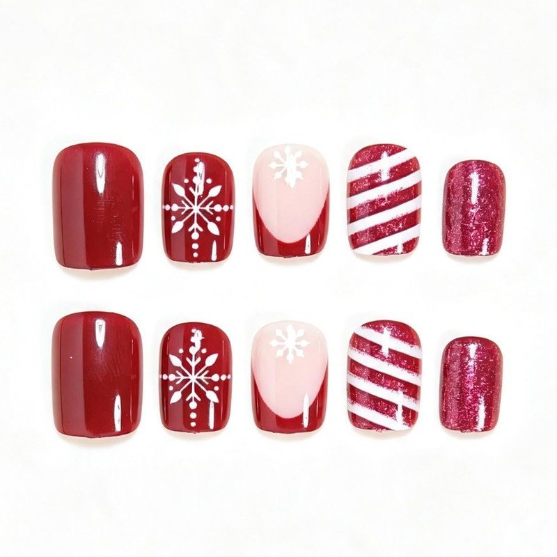 24 Pcs Christmas Press on Nails Short Square French Fake