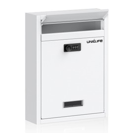 Uniclife Wall Mount Mailbox for Outside, Large Locking Mailbox with Combination Lock, Security Mail Box for House, Safe Key Drop Box, Post Box, Steel Cash Drop Box for Home Office School, White