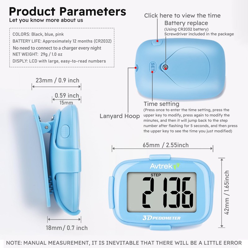 Clip-On Pedometer Step Counter for Walking LED Backlight (Black)