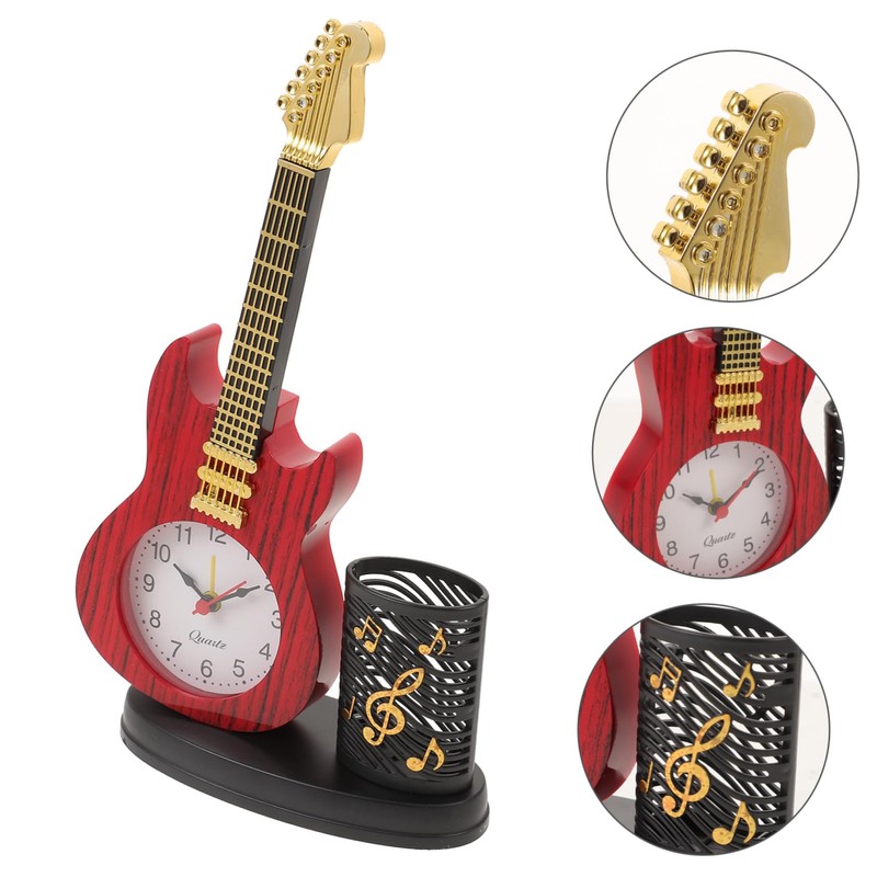 Levemolo Lifelike Violin Clock with Pen Holder Decorative Desktop Clock
