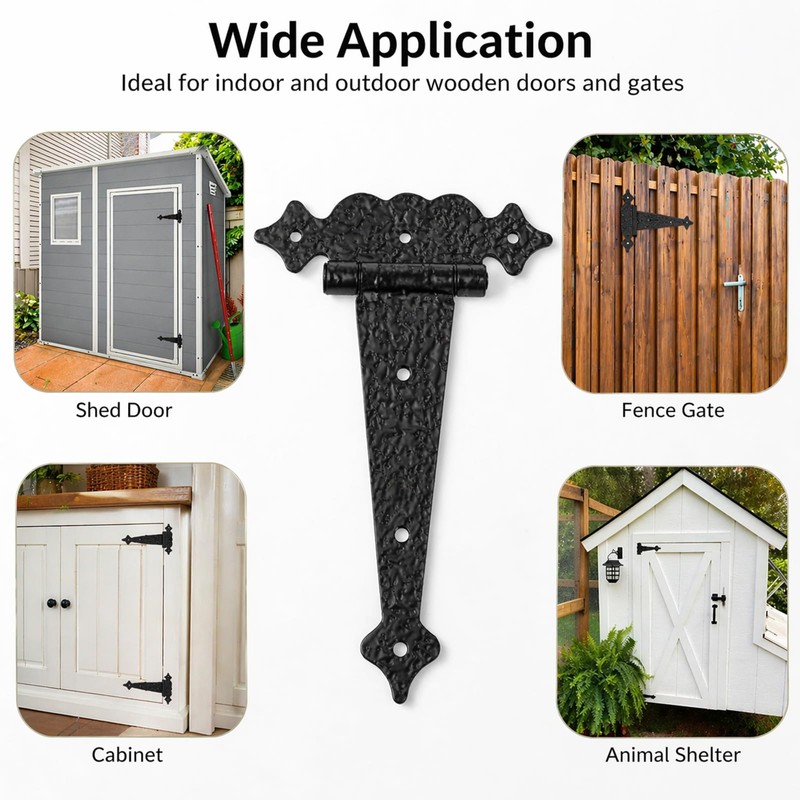 8 Inch Tee Hinges Heavy Duty, 2 Pack Black T-Strap