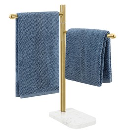 BathAce Hand Towel Holder, F-Shape Hand Towel Stand with Marble Base, Stainless Steel Swivel Hand Towel Rack Bar Standing for Bathroom Kitchen Countertop, 2 Arms (Gold)