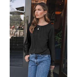 Pawate Women's Long Sleeve Shirts Autumn Top Elegant Dressy Casual Pleated Base Trendy Tops Tunic Winter Clothing, A-Black, L