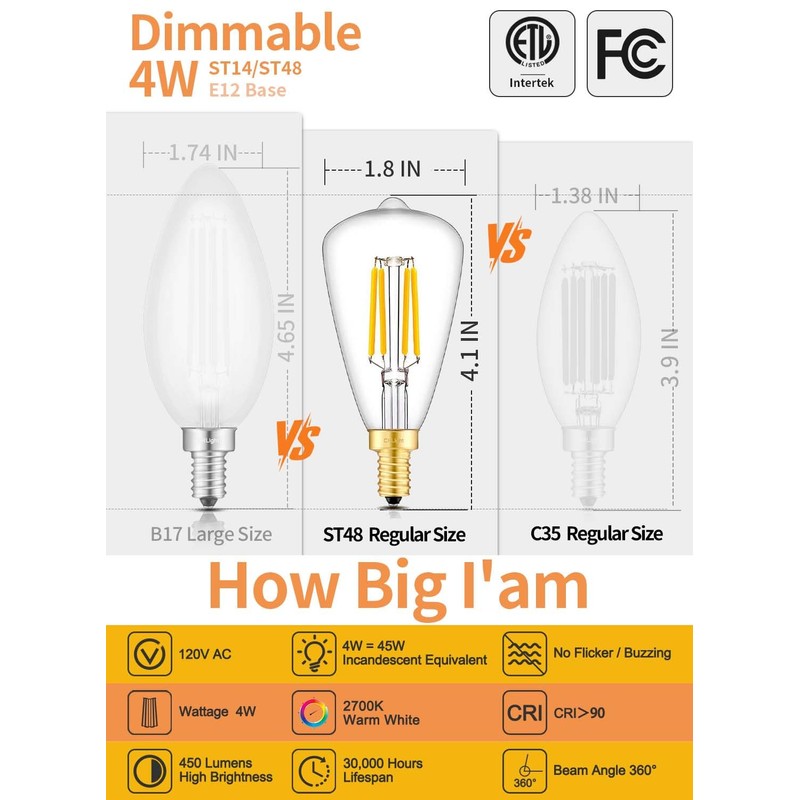 CRLight 4W Candelabra LED Edison Bulb 45W Equivalent 2700K Warm