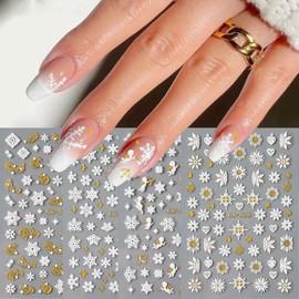 12 Sheets White Snowflakes Nail Art Stickers Decals, Pegatinas Uñas 3D Self-Adhesive Christmas Gold Snowman Elk Xmas Winter Nail Decals, Zoance Nail Art Design Decoration Accessories for Acrylic Nail