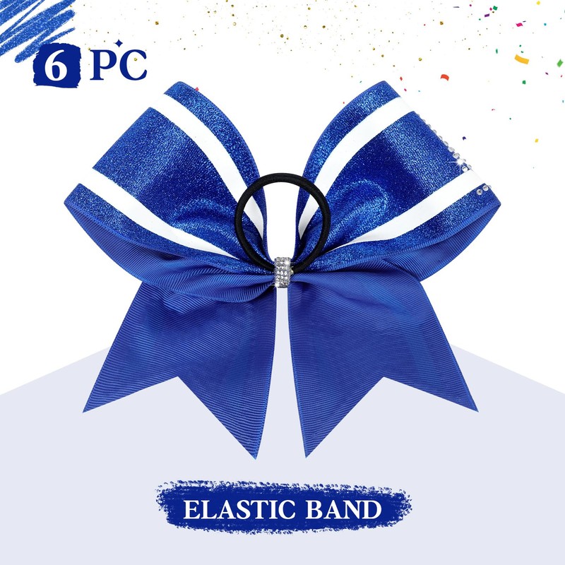 6PCS Large Glitter Cheer Bows Royal Blue and White 8"