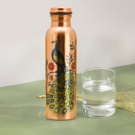 Copper Water Bottle - 30 Oz Large - A Peacock Printed Ayurvedic Pure Copper Vessel For Drinking Healthy Water