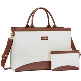 LOVEVOOK Laptop Tote Bag for Women 15.6 Inch Large Capacity Work Bag with Clutch Purse for Teacher, Canvas Computer Bag for Business fits Office College Travel White & Brown