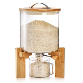 Tlence 5L Glass Rice Dispenser, Cereal Container with Bamboo Stand, Large Airtight Food Storage Bin, Rice Organization Tank with Measuring Cup for Grain Coffee Beans Dry Food