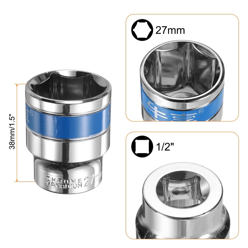sourcing map 5pcs 1/2 Inch Drive 6-Point Socket 27mm CR-V