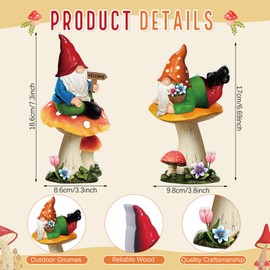 Yuntau 2 Pcs Spring Gnomes Decorations for Yard Wooden Garden Figurines 7 Inch Gnomes on Mushroom Statues for Spring Summer Holiday Outdoor Porch Lawn Patio Yard Garden Decor