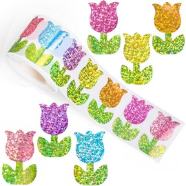 500 Pcs 1.5 Inches Glitter Tulip Stickers for Kids and Adults, 6 Colors Sparkly Flower Stickers Roll Self-Adhesive Labels for Spring Crafts, Party Favors, Scrapbooking, and Garden Theme Decorations