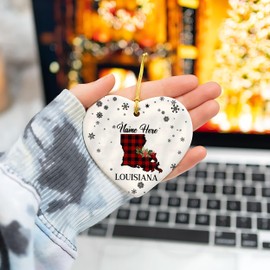 Red Flannel Style Louisiana Map Custom Housewarming Souvenir for Family Friends Colleagues on Xmas Winter American Porcelain Heart Ornaments 3.2 Inches Christmas Tree Car Decoration