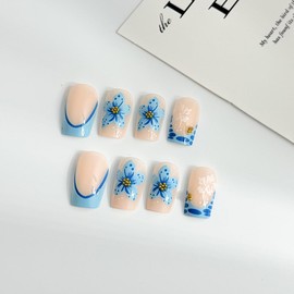24Pcs Blue French Tip Press on Nails Blue Flower Short Square Fake Nails With Gold Mini Rhinestone Design White Floral False Nails Full Cover Press on Fingernails for Women Summer Manicure
