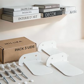 MILUKA Invisible Bookcase Wall | Set of 3 Wall Shelves White for Books of 15 cm | Floating Bookcase Living Room | Shelf Wall with Hidden Bracket | Vertical Mini Shelf Metal (3, White)