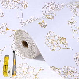 Shelf Liners for Kitchen Cabinets 17.5in x 30FT Non Adhesive Drawer Liner Gold Floral Thickened Shelf Liner Paper Strong Non-Slip Easy to Clean for Tool Box Refrigerator with Knife and Tape Measure