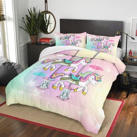 AILONEN Unicorn Comforter Set Twin Size, Carousel Unicorn Bedding Set for Kids Girls,Cartoon Rainbow Unicorn Duvet Set 3 Pieces, 1 Quilt and 2 Pillowcases