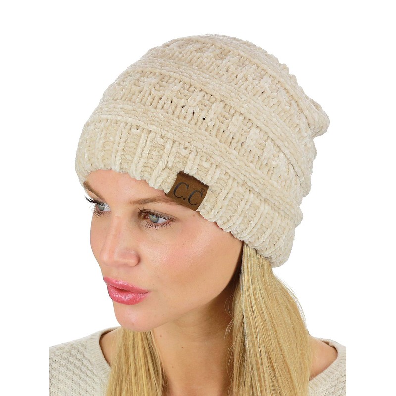 C.C Women's Chenille Soft Warm Thick Knit Beanie Cap Hat-Beige