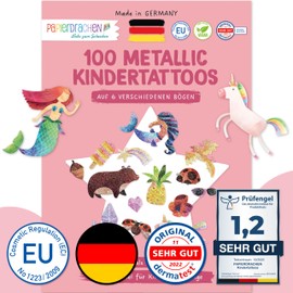 100 metallic tattoos for sticking, skin-friendly children's tattoos, beach vibes, cool designs, as a birthday gift or gift idea, vegan, made and tested in Germany