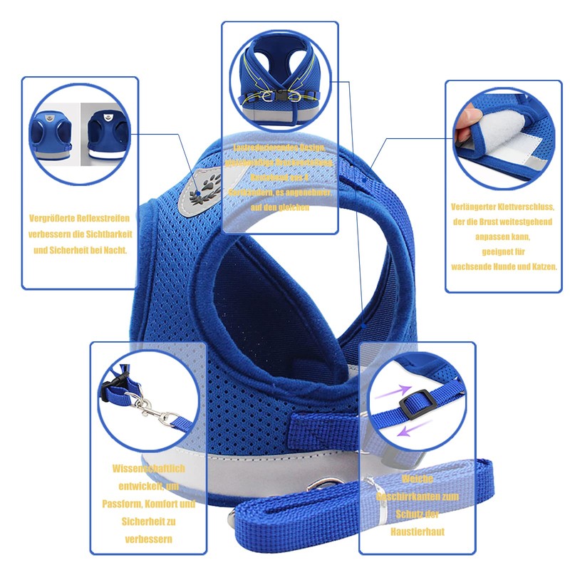 BOBOSP Dog Harness Anti-Pull Reflective Breathable Blue M
