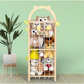 YiXinHo Movable Natural Wood Stuffed Animal Zoo Storage, Patterned Stuffed Animal Storage with Zoo Theme, Elastic Band-Equipped Stuffed Animal Holder, Plushies Storage for Nursery, Play Room, Bedroom