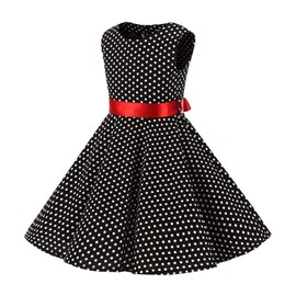 Kid Girls Vintage Polka Dot 50's Swing Dress 1950s Retro Rockablilly Audrey Hepburn Sleeveless Summer Tea Party Dress Bow Tie Casual Flare A-line Dress Wedding Formal Prom Dance Gown Black 5-6 Years