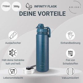 Abjoki Stainless Steel Drinking Bottle "Infinity" 710 ml, Dark Blue, Double-Walled & Vacuum Insulated, Thermal Flask, BPA-Free, Leak-Proof, Suitable for Carbonated Drinks, Plus Push Button Sports Lid