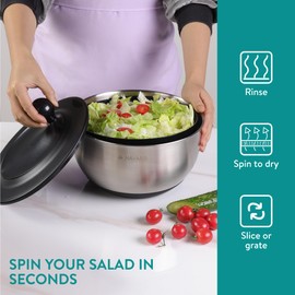 Navaris Salad Spinner with Lid - Salad Spinner Stainless Steel - Salad Dryer - Easy Washing, Drying and Spinning - Includes Grating and Slicing Discs