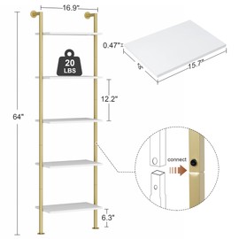 Acovy 5-Tier Bookshelf - Solid Wood Narrow Bookcase Set of 2, Wall Mount Ladder Shelf, Storage Rack for Living Room, Bedroom, Bathroom, White and Gold