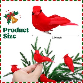 6PCS Christmas Cardinal Birds with Clips - 2.76 Inch Artificial Cardinal Birds - Red Simulation Feather Birds for DIY Crafts Xmas Tree Ornament Gardening Wreath Decoration