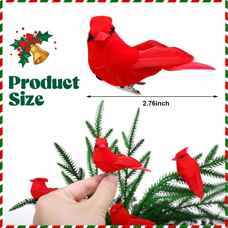 6PCS Christmas Cardinal Birds with Clips - 2.76 Inch Artificial
