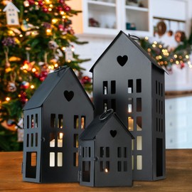 Main Street Town House Candle Lanterns, Set of 3, Vintage Style, Heart Details, Rustic Black, Metal, Corrugated Gabled Roof-Tops, 13.75, 9.5, and 5 Inches Tall