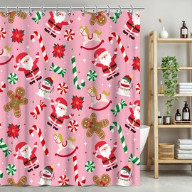 Tcoyodw Christmas Gingerbread Man Santa Claus Pink Shower Curtain 72" x 72" Candy Cane Snowman Pattern Santa Party Decorations Waterproof Fabric Bathroom Curtain with 12 Hooks