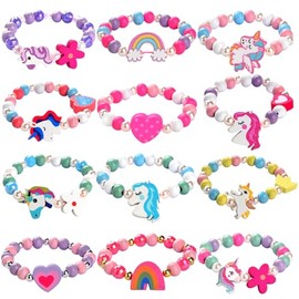 JOTIKO 12 Pcs Kids Bracelets for Toddlers Girls - Unicorn Party Favors Goodies Bag Stuffers Pinata Fillers, Cute Wooden Beaded Bracelets Princess Play Jewelry Birthday Party Return Exchage Gifts