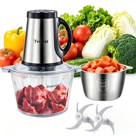 Electric Food Processor, 3-Speed Food Chopper with Meat Grinder & Vegetable Chopper - 2 Bowls (8.5 Cup Stainless Steel+8.5 Cup Glass) with Powerful 30