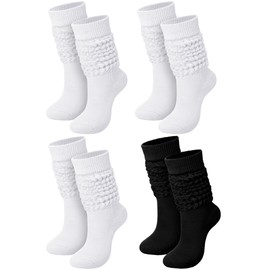 Janmercy 4 Pairs Slouch Socks for Women Bulk Stacked Socks Boot Socks 80s 90s Neon Slouch Socks Knit Scrunchie Socks(Medium,White, Black)