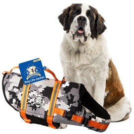 Paws Aboard Dog Life Jacket - Swimming Vest for Dogs, Adjustable, Reflective, Comfortable, Multiple Colors, Patterns, XX-Small to Extra Large Dog Swim Vest with Handle (Grey Camo/Orange, X-Large)