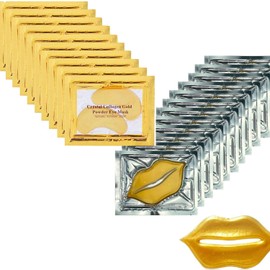Reppkyh 20 Pieces Gold Lip Mask & 10 Pieces Eye Collagen Patches, 24K Gold Powder Gel, Anti Wrinkle, Moisturising, Hydrating, Minizes Lip & Eye Fine Lines