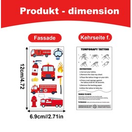 KLINNA Set of 10 Temporary Tattoos for Children, Fire Brigade Children's Tattoo Set as Party Bags, Children's Birthday Gifts for Boys, Waterproof Fire Brigade Stickers for Cool Gifts