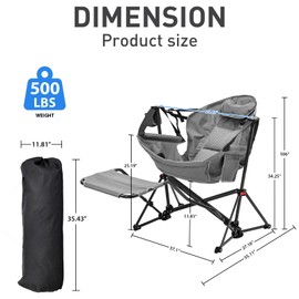 GDY Camping Chairs, Oversized Hammock, Folding Rocking, Adjustable Back Swing Chairs, Cup Holder, Outdoor Beach Lawn, Gray.