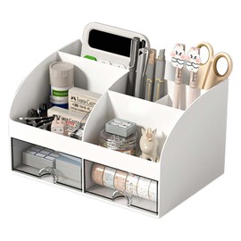 Naapesi Desk Organizer with 2 Drawers, Multi-Functional Desk Tidy with 6 Compartments, Plastic Table Stationery Organizer, Large Capacity Desktop Storage Holder for Office, School, Home, Teacher (2)